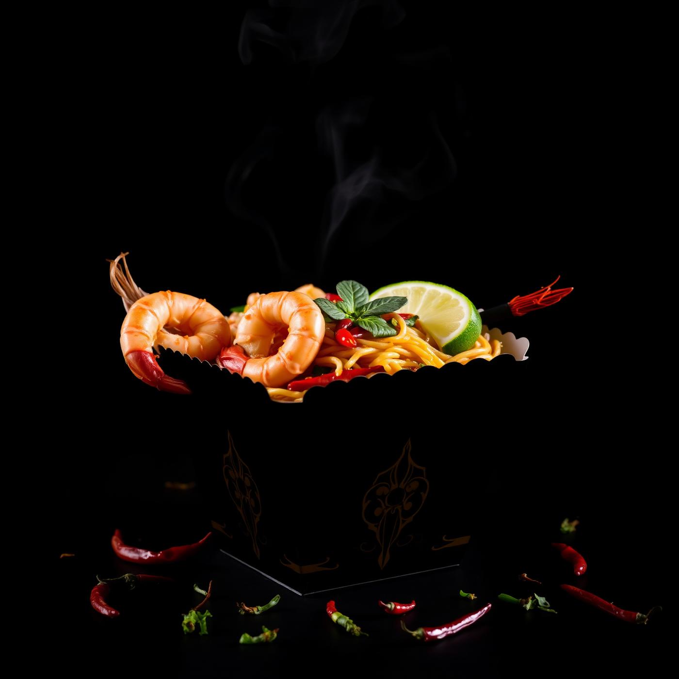 Premium THAIMOUTH black takeaway box filled with Thai stir-fried noodles, king prawns, chillies and lime