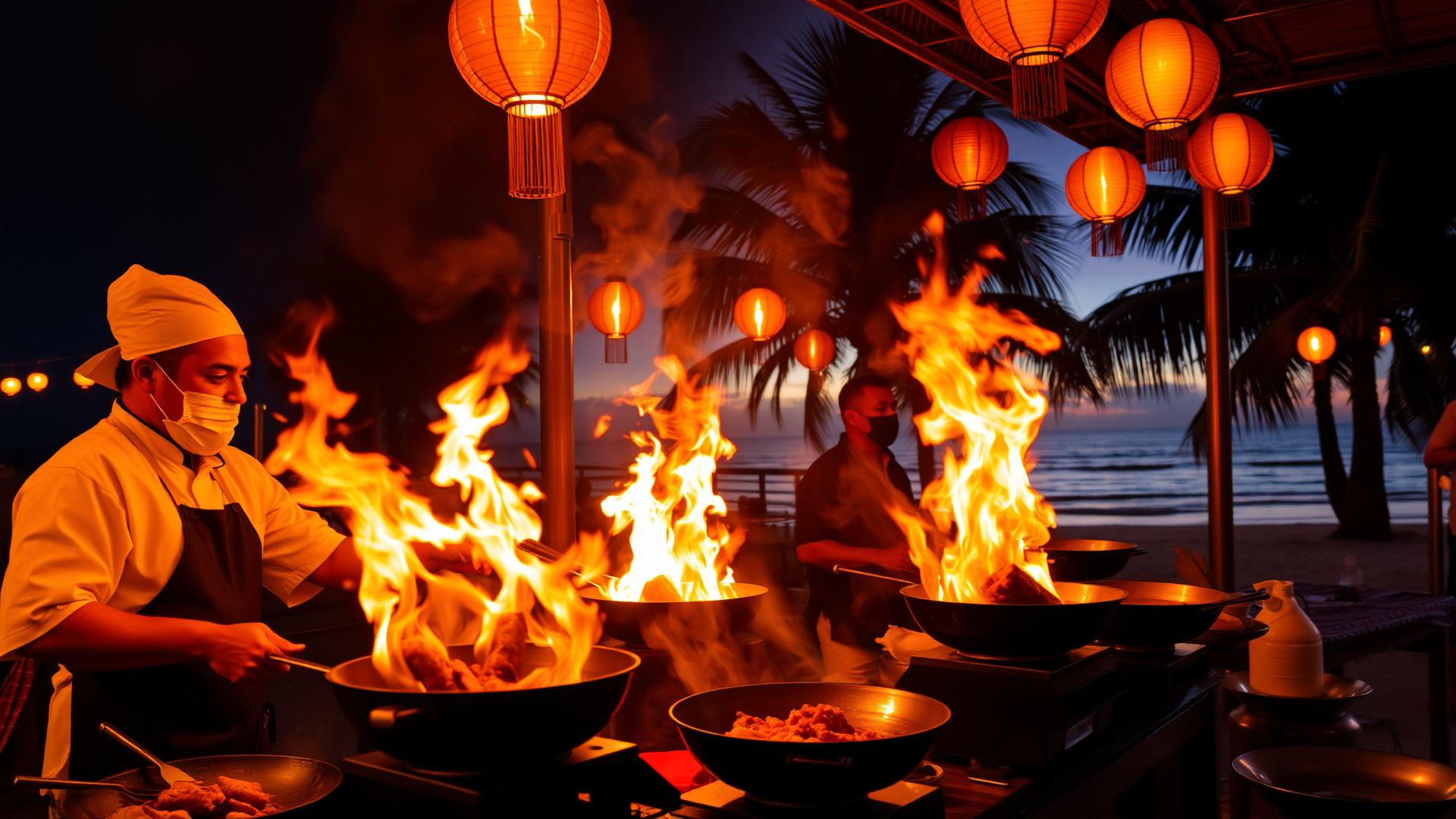 Thai street food chefs cooking on flaming woks at a beachside night market