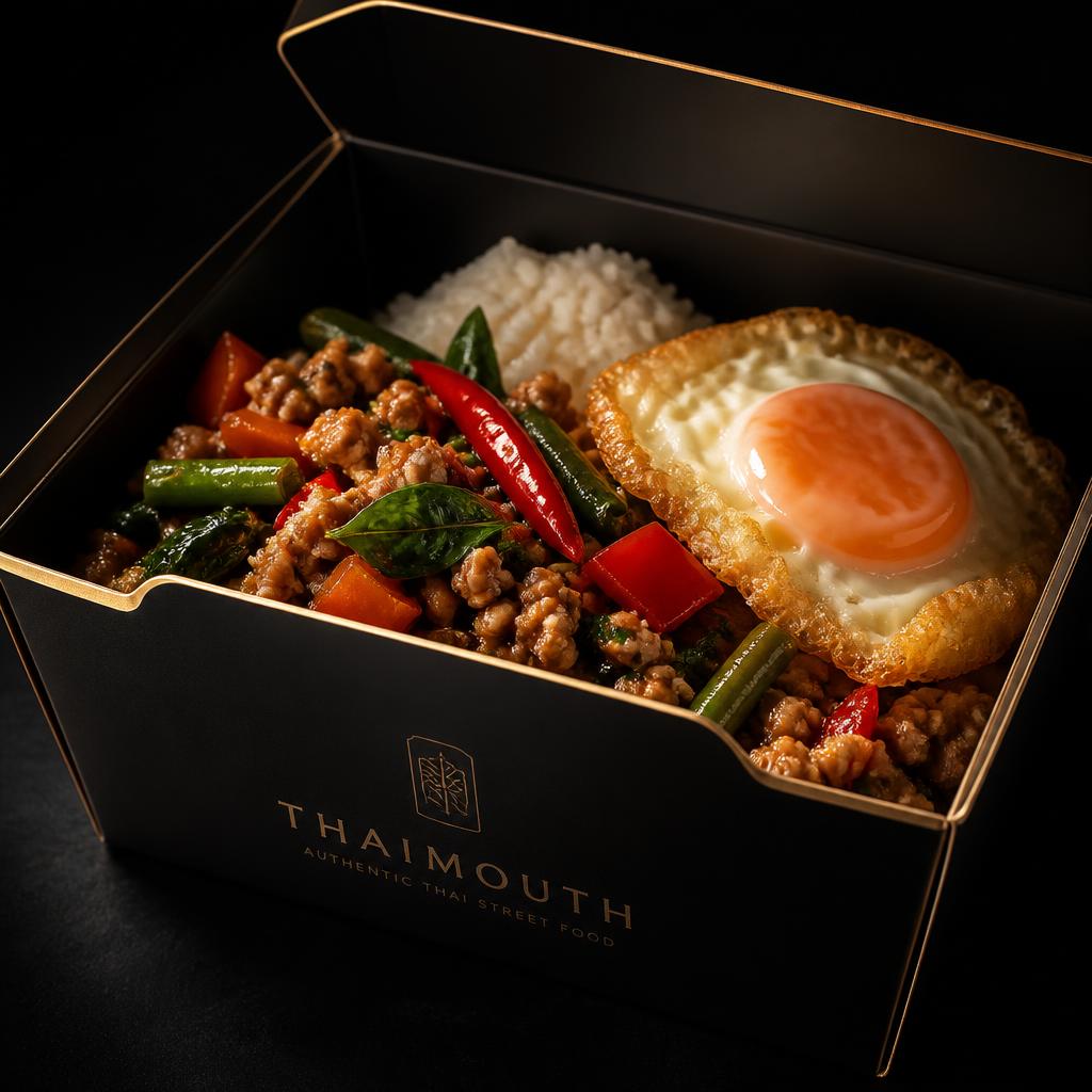 Premium THAIMOUTH black takeaway box filled with authentic Thai street food