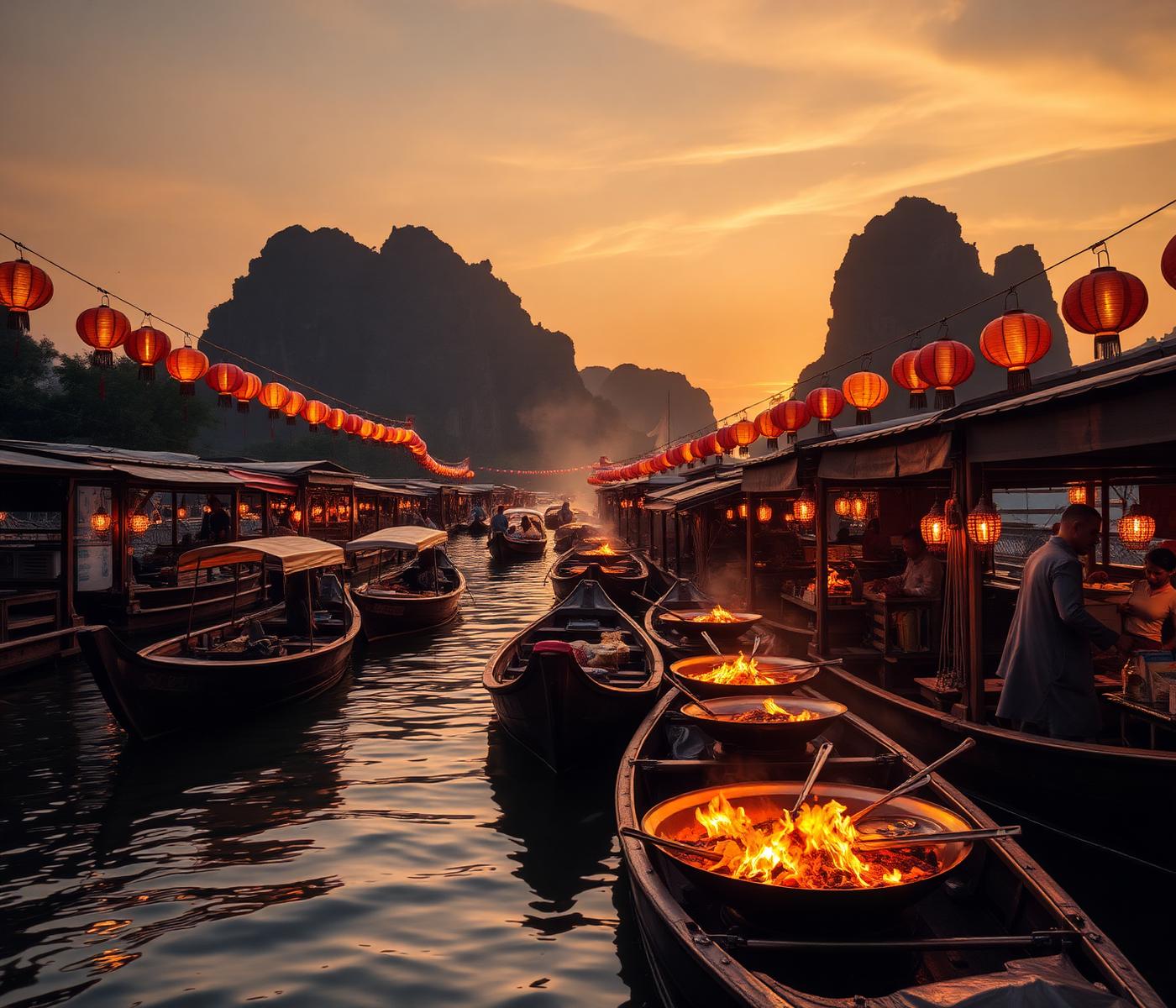 Thai floating market at sunset with lanterns and street food
